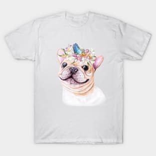 Cute French Bulldog Puppy with Butterfly and Flowers Illustration Art T-Shirt